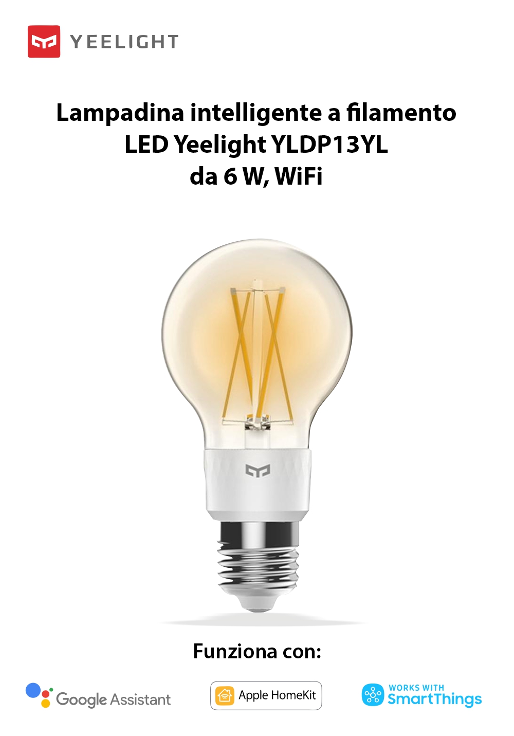 Lampadina intelligente con filamento LED, Yeelight YLDP12YL, Controllo smart, 6W, Wi-Fi, 2.4 GHz