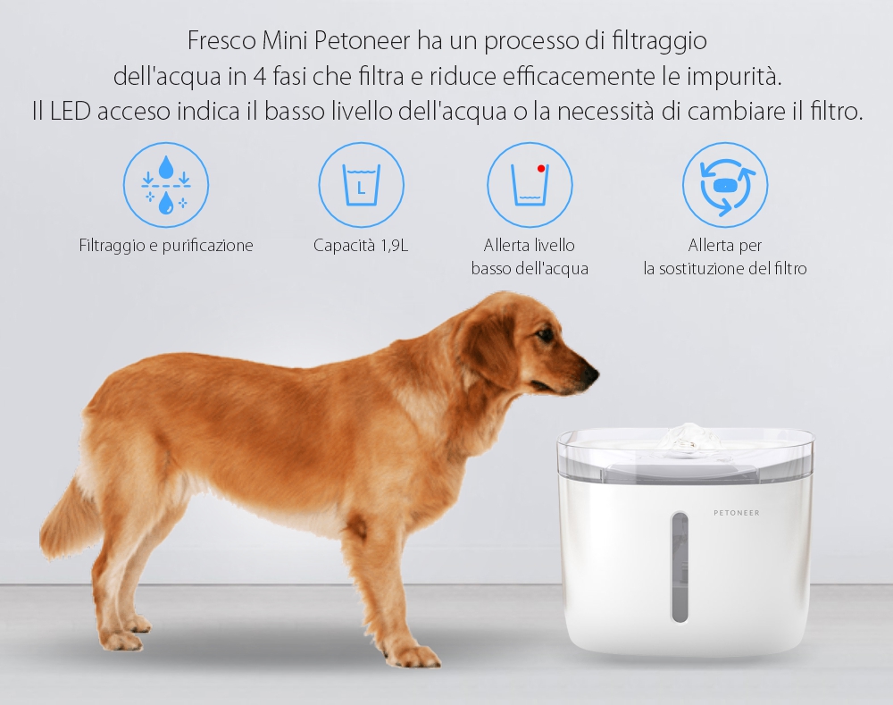 Dispenser d’acqua per animali domestici, Petoneer Fresco Mini, 1.9L, Filtrazione, Controllo tramite app