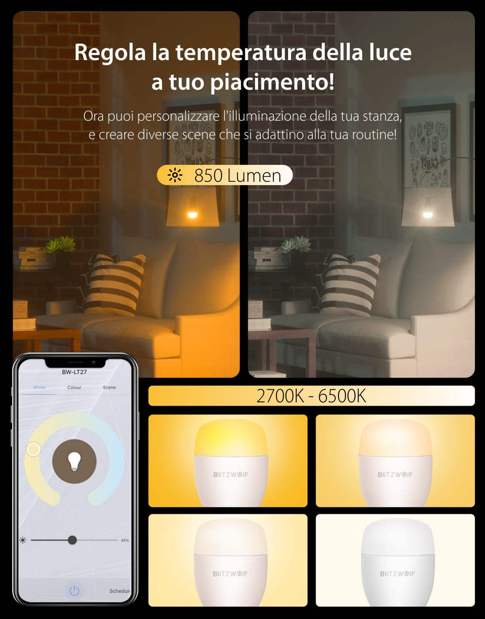 Lampadina intelligente Blitzwolf BW-LT27, Wi-Fi, Smart, E27, 9W, Controllo vocale, 850 LM, RGB