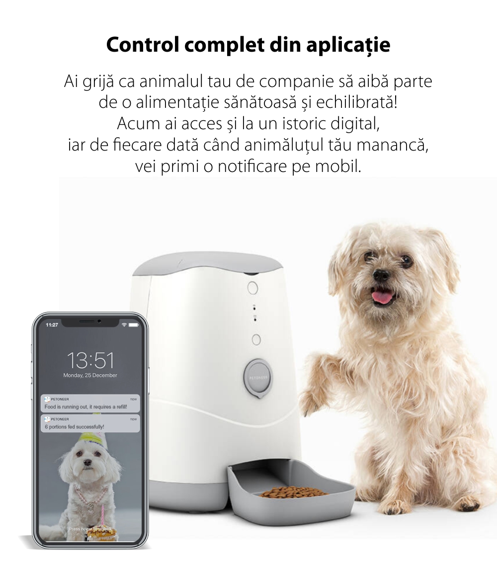 Dispenser intelligente per cibo per animali Petoneer Nutri, Controllo tramite app, Slot per batteria esterna