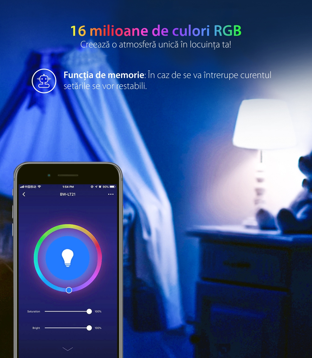 Lampadina Smart LED RGB, BlitzWolf BW-LT21, 10 W, Bulb, 900 LM, 3000K, E27, Controllo vocale