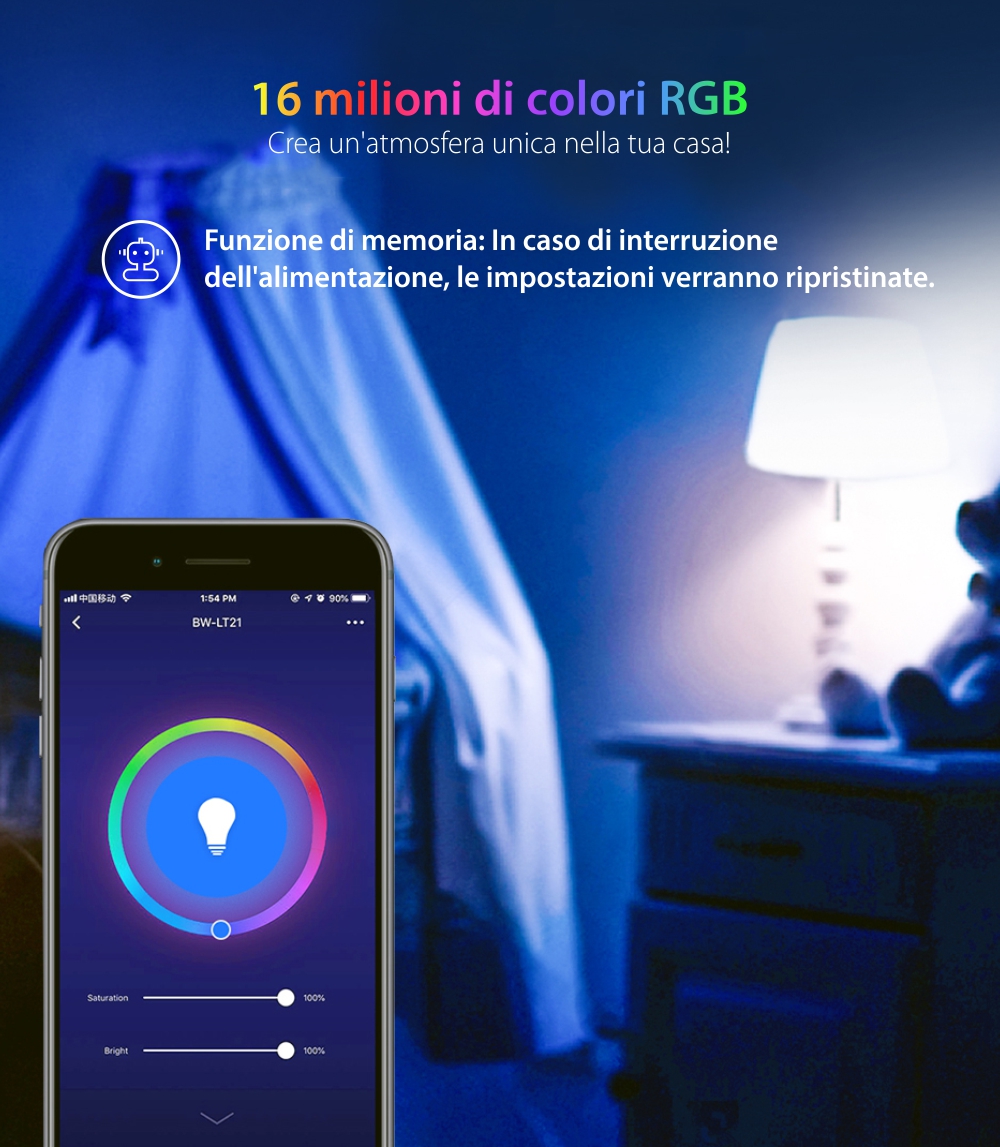 Lampadina Smart LED RGB, BlitzWolf BW-LT21, 10 W, Bulb, 900 LM, 3000K, E27, Controllo vocale