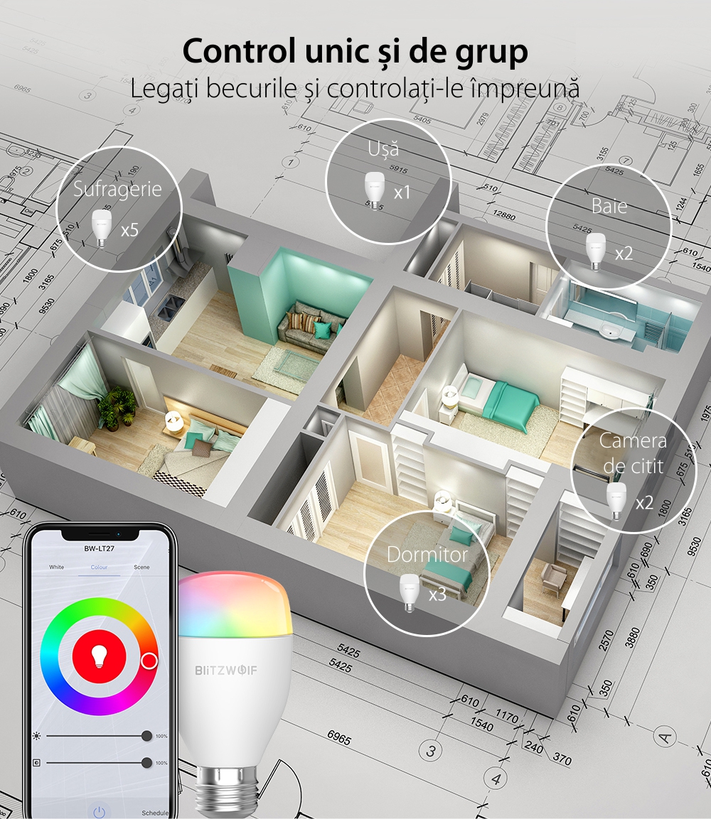 Lampadina intelligente Blitzwolf BW-LT27, Wi-Fi, Smart, E27, 9W, Controllo vocale, 850 LM, RGB