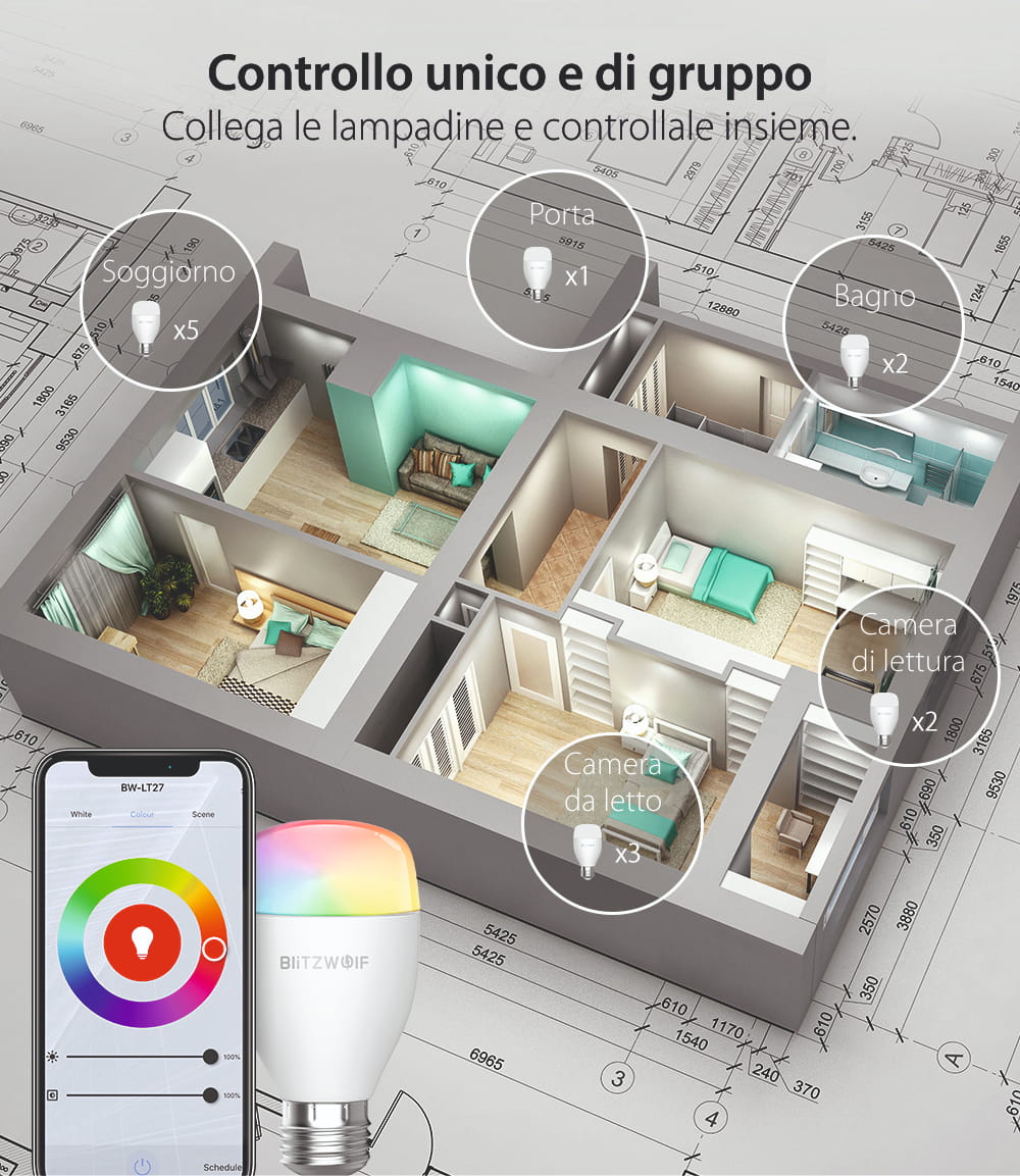 Lampadina intelligente Blitzwolf BW-LT27, Wi-Fi, Smart, E27, 9W, Controllo vocale, 850 LM, RGB