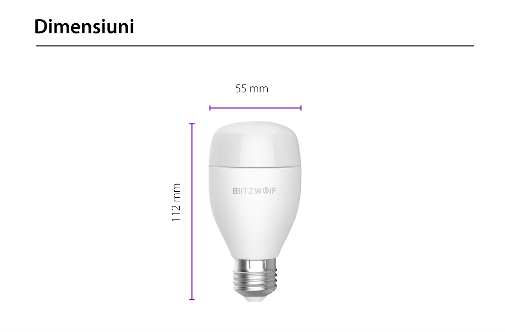 Lampadina intelligente Blitzwolf BW-LT27, Wi-Fi, Smart, E27, 9W, Controllo vocale, 850 LM, RGB