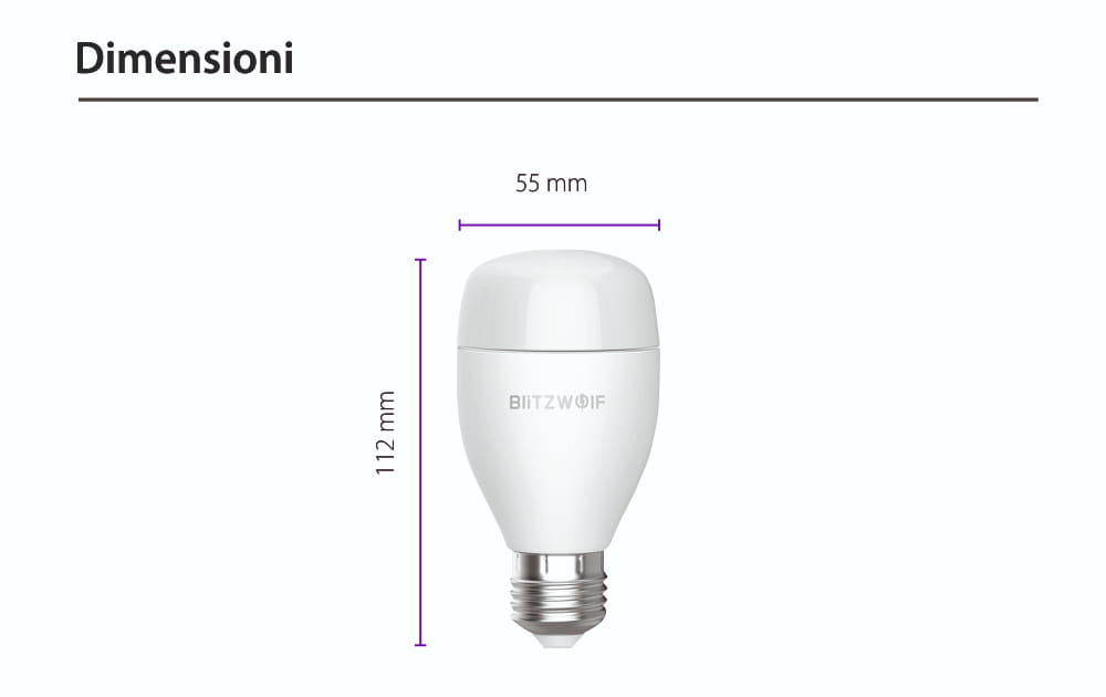 Lampadina intelligente Blitzwolf BW-LT27, Wi-Fi, Smart, E27, 9W, Controllo vocale, 850 LM, RGB