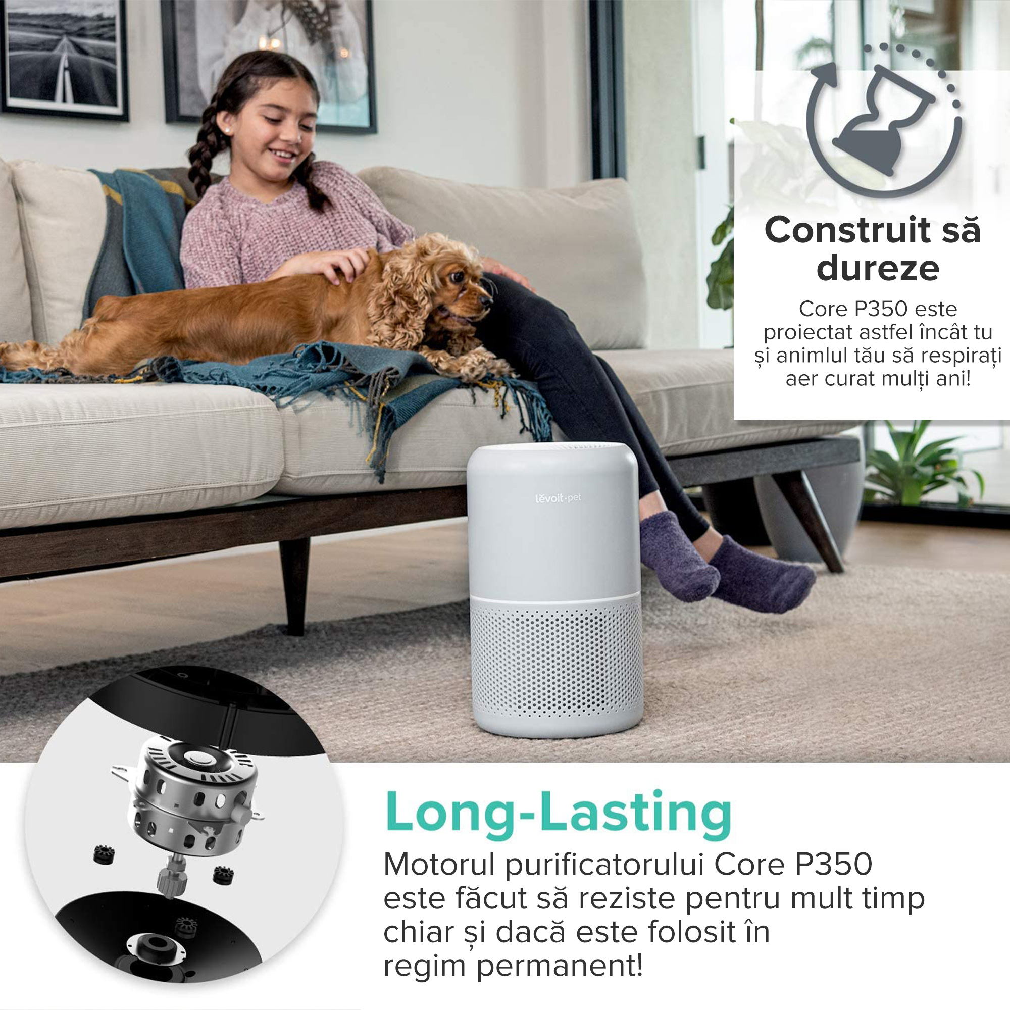 Purificatore d’aria Levoit Core P350, Bianco, Pet friendly, Filtro True HEPA, Carbone attivo, Filtrazione 99,97%