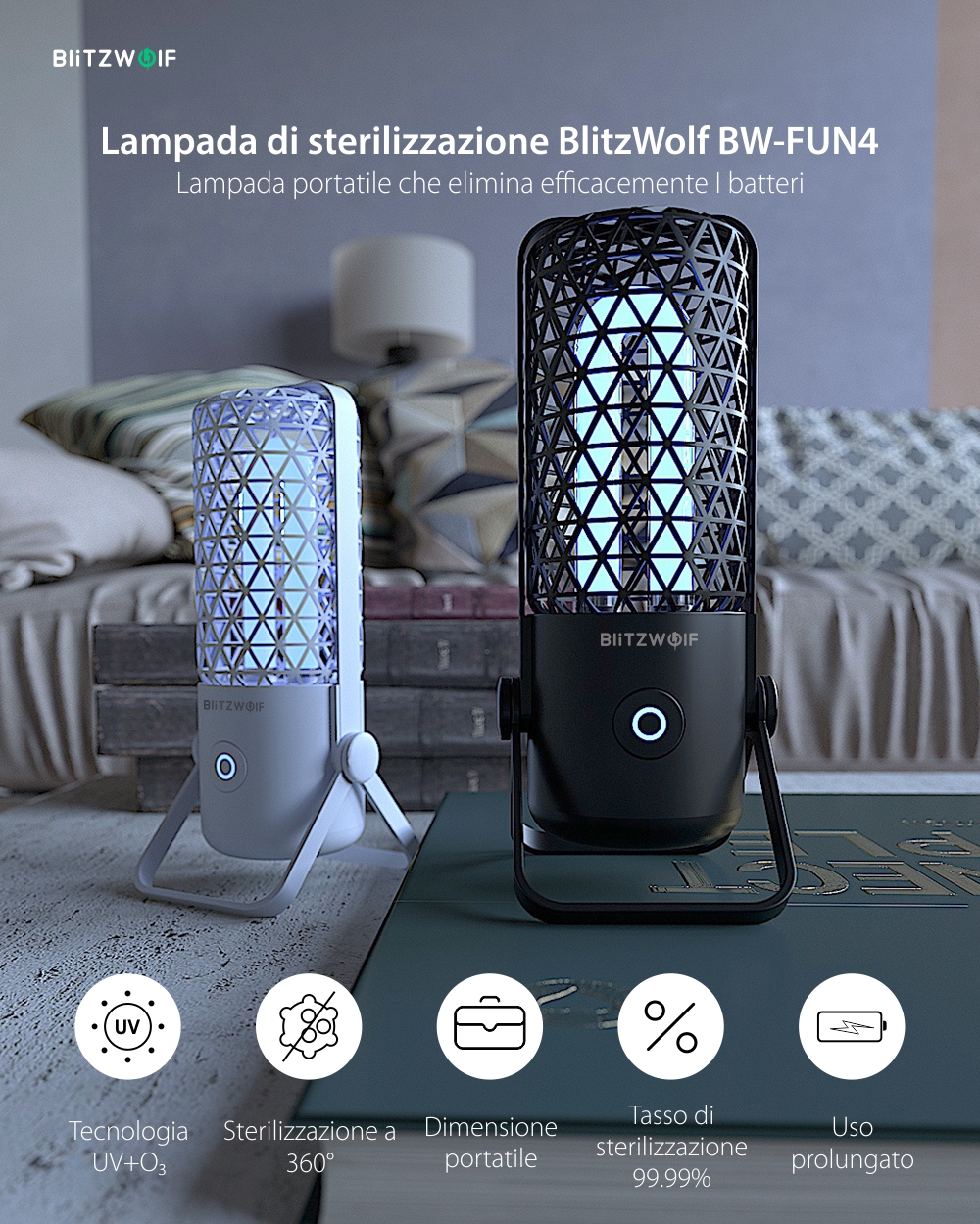 Lampada di sterilizzazione BlitzWolf BW-FUN4, portatile, a raggi ultravioletti e ozono, batteria da 700 mAh