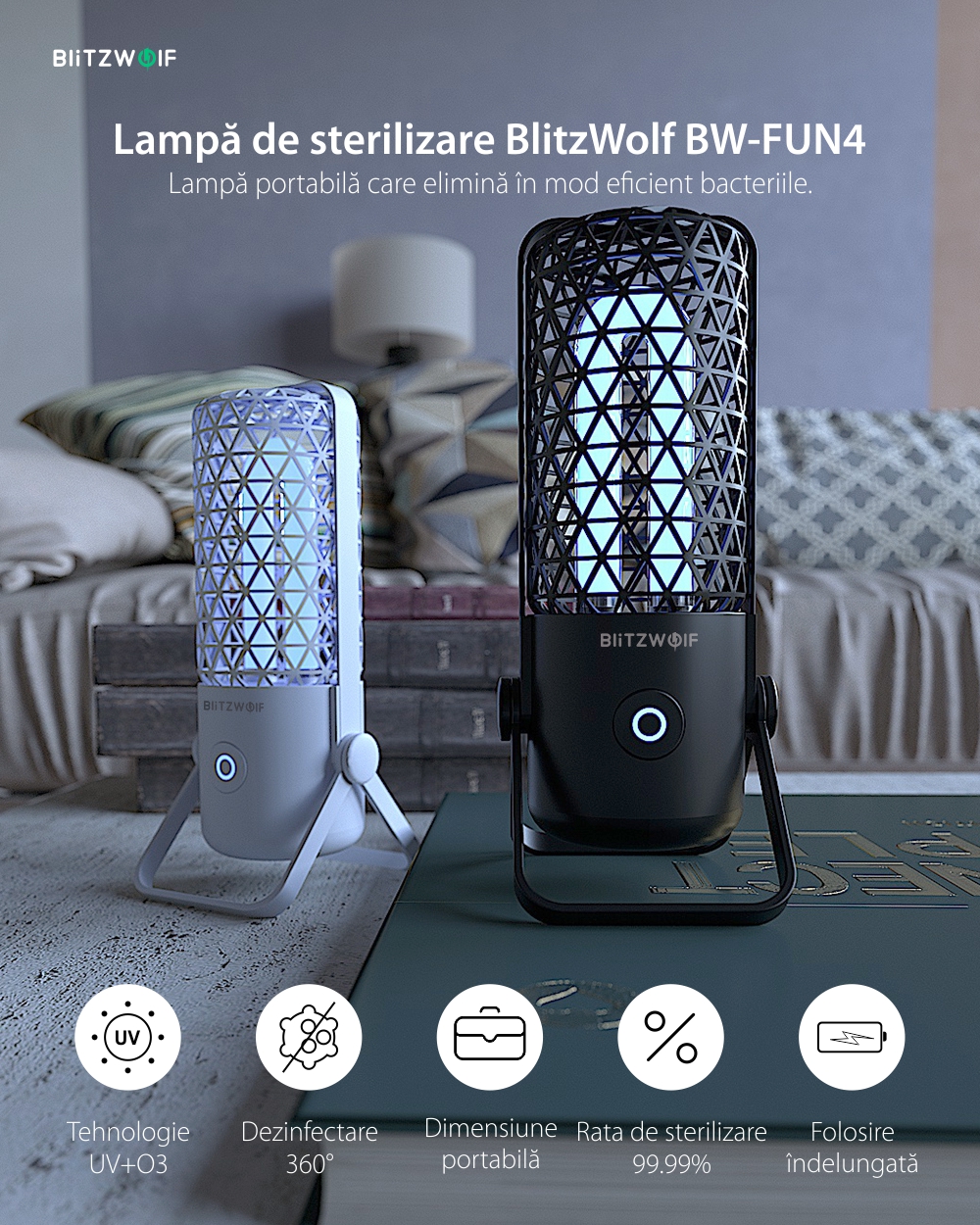 Lampada di sterilizzazione BlitzWolf BW-FUN4, portatile, a raggi ultravioletti e ozono, batteria da 700 mAh