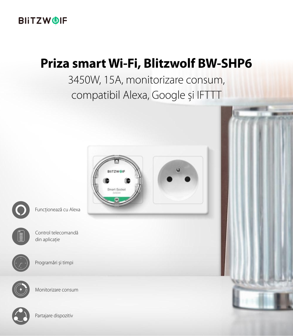 Presa intelligente BlitzWolf BW-SHP6 Pro, Wi-Fi, Programmabile, Monitoraggio energia