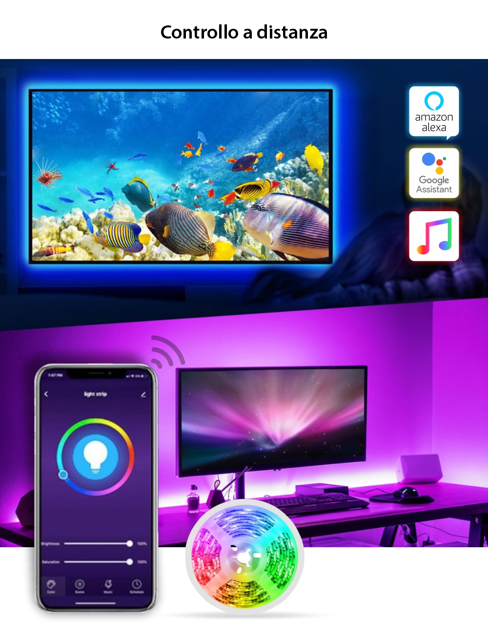 Kit Striscia LED Smart NiteBird SL1, Wi-Fi, 2,8 Metri, Controllo tramite applicazione, Controllo vocale
