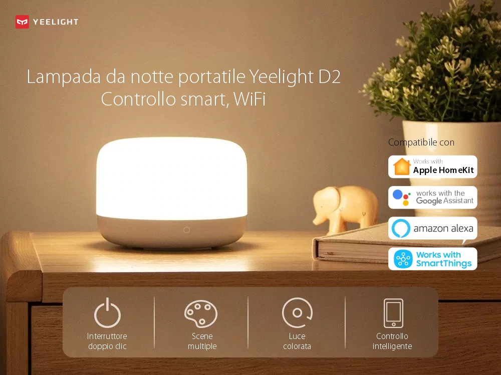 Lampada da notte portatile Yeelight D2, Bianca, Smart, Bluetooth, Regolazione colori