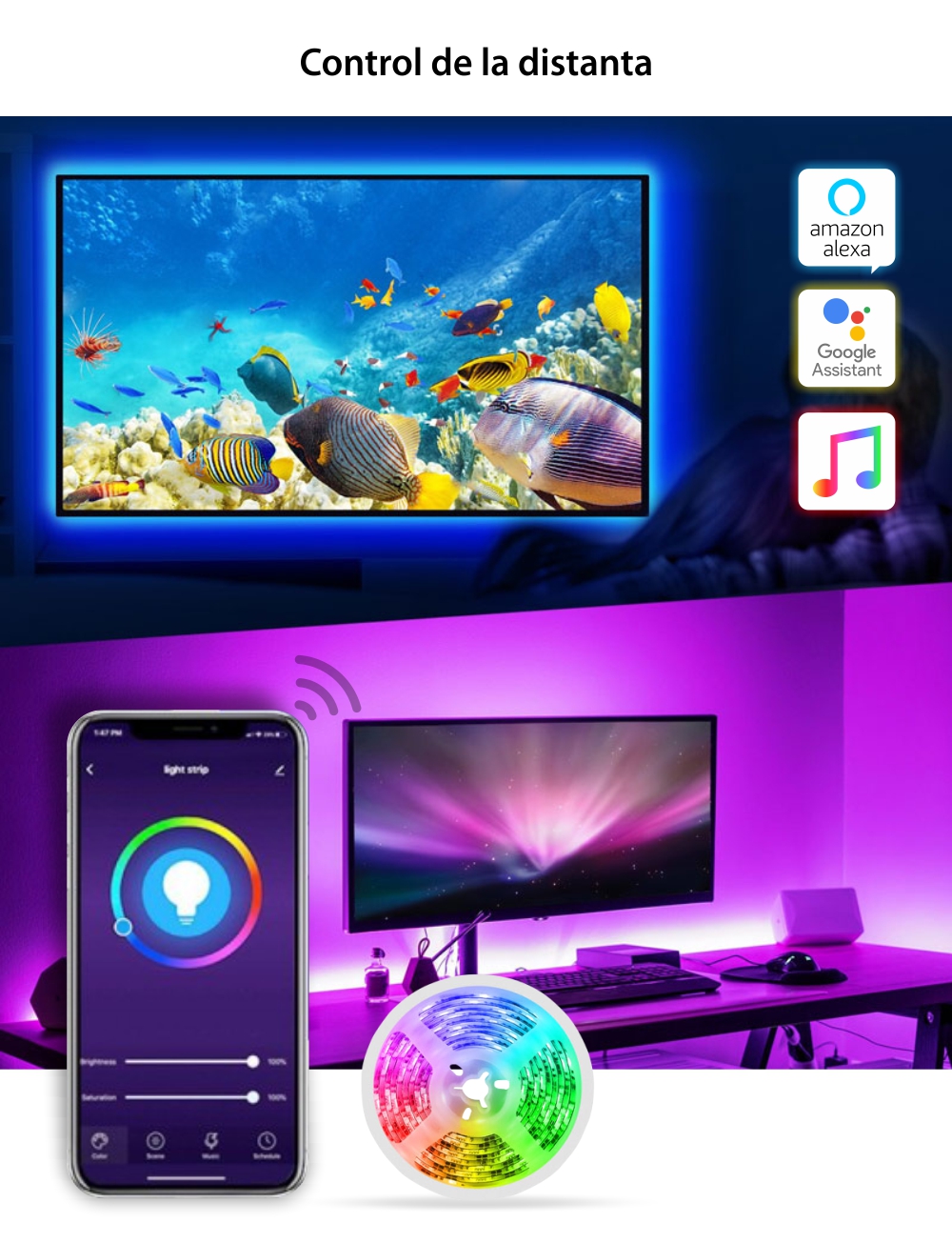 Kit Striscia LED Smart NiteBird SL1, Wi-Fi, 2,8 Metri, Controllo tramite applicazione, Controllo vocale