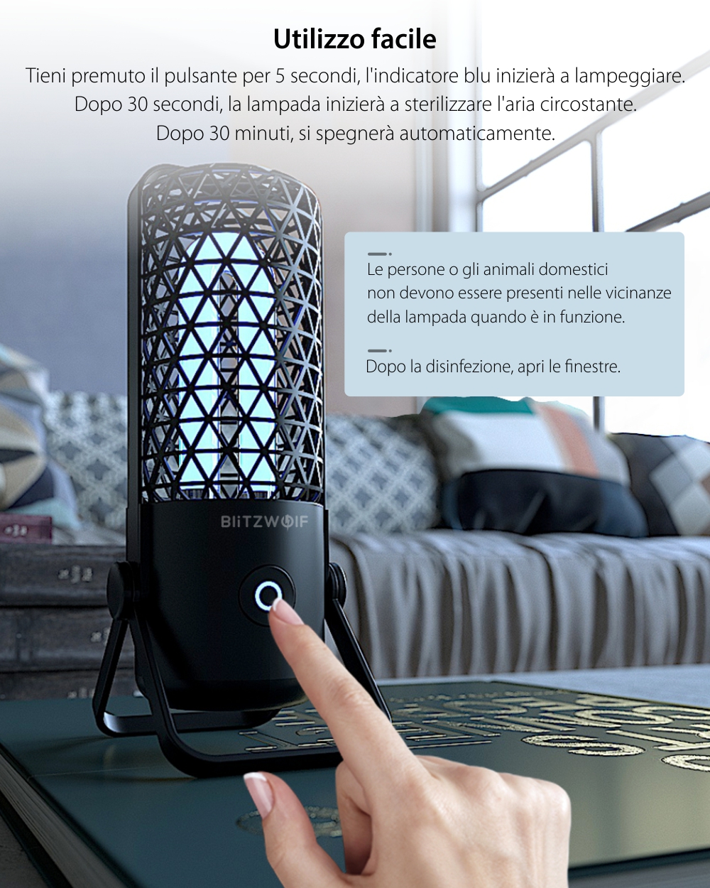 Lampada di sterilizzazione BlitzWolf BW-FUN4, portatile, a raggi ultravioletti e ozono, batteria da 700 mAh