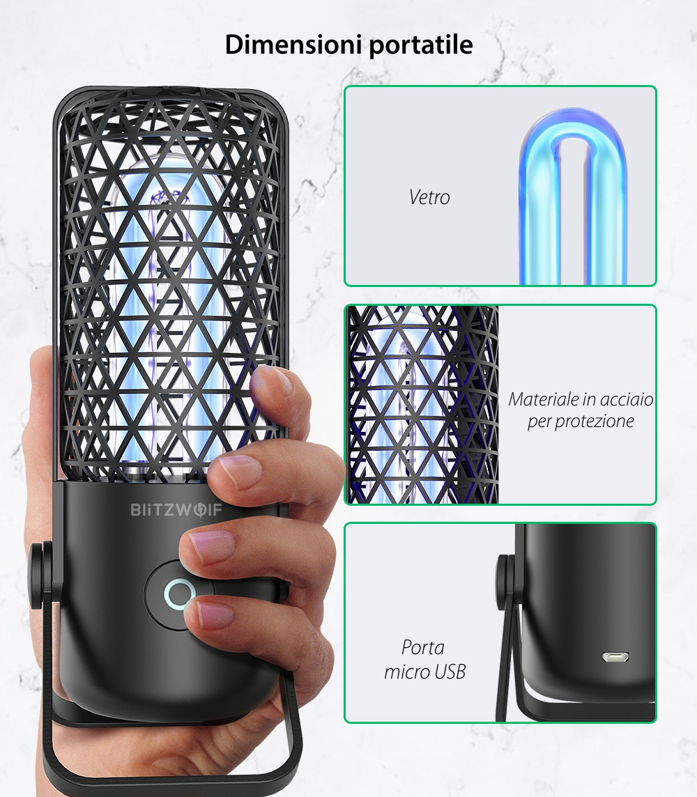Lampada di sterilizzazione BlitzWolf BW-FUN4, portatile, a raggi ultravioletti e ozono, batteria da 700 mAh