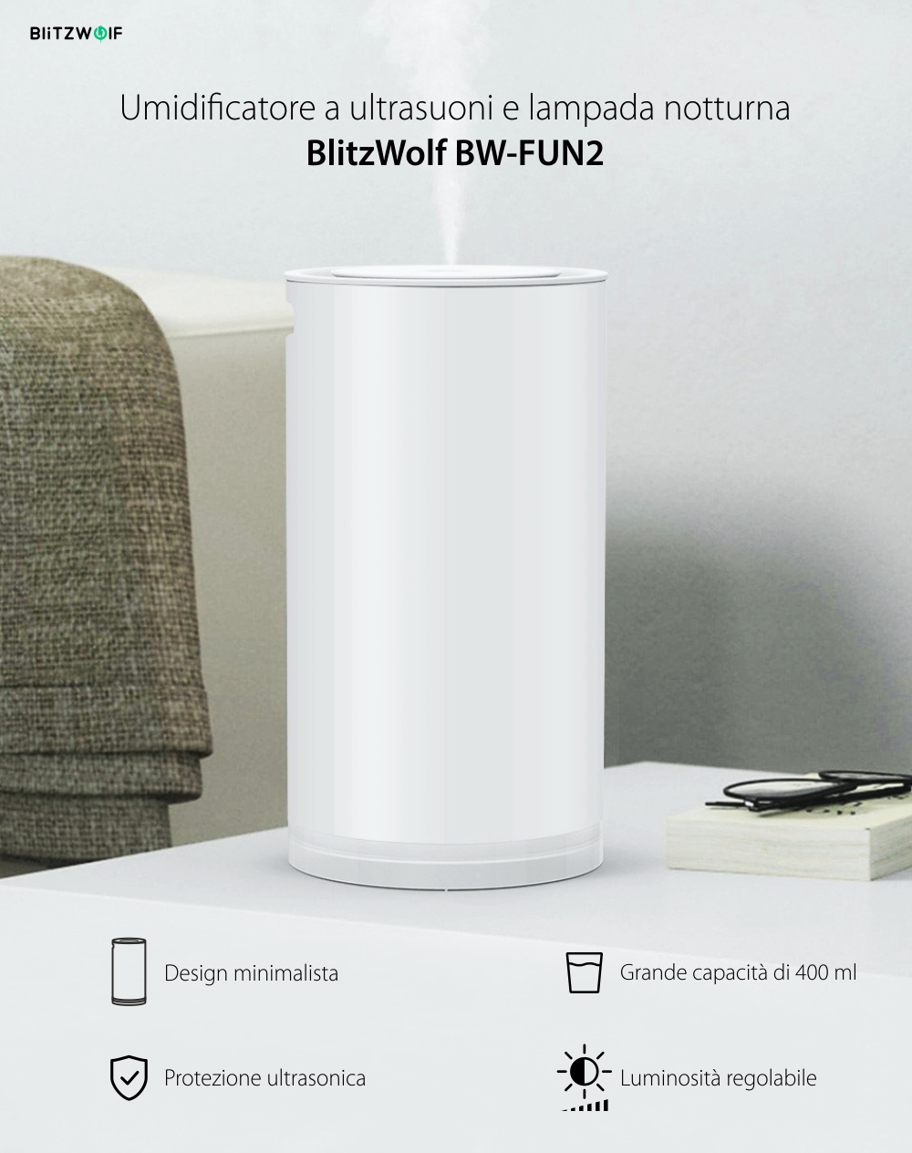 Umidificatore ad ultrasuoni con luce notturna BlitzWolf BW-FUN2, Capacità 400 mL, Luminosità regolabile