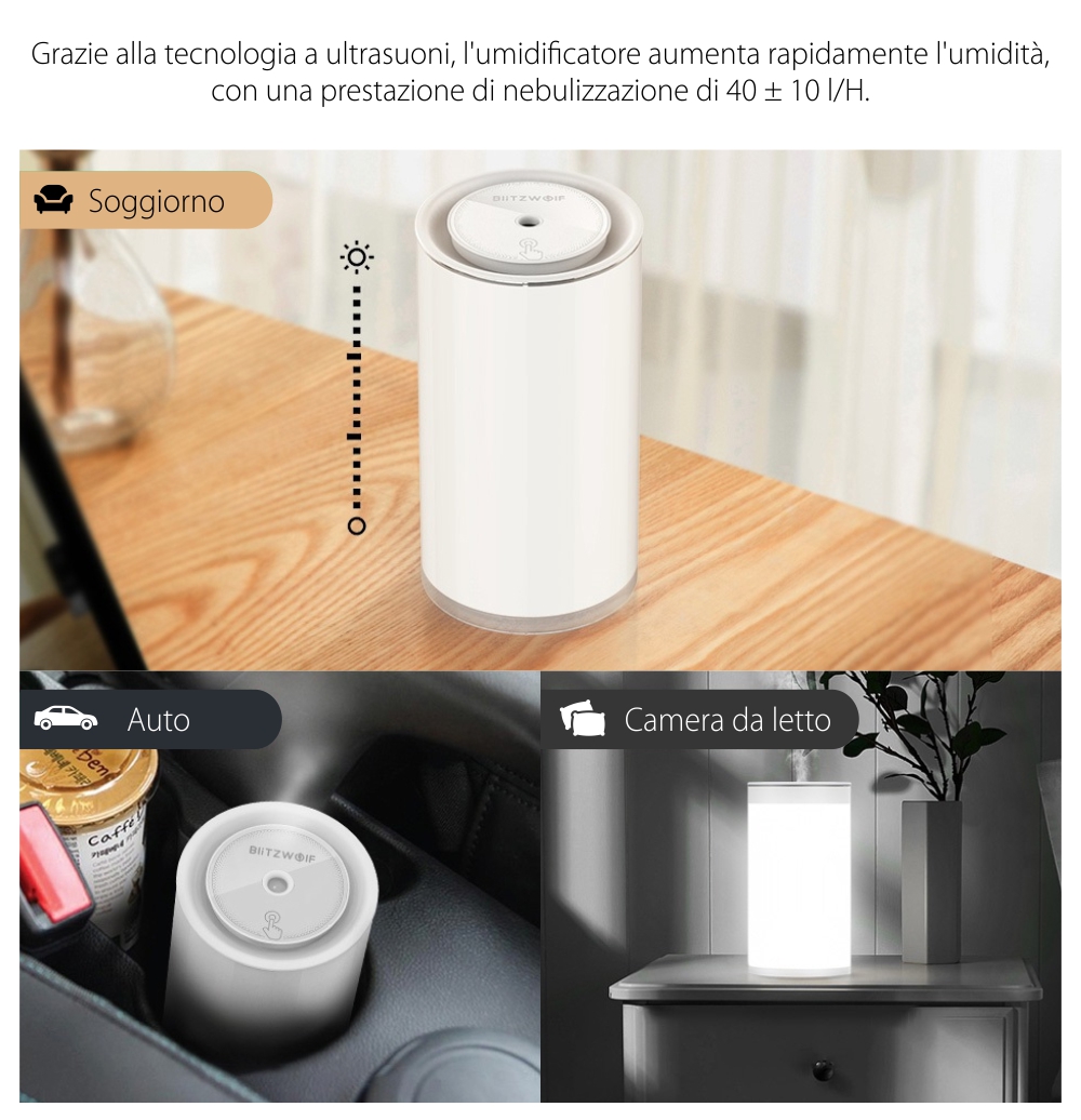 Umidificatore ad ultrasuoni con luce notturna BlitzWolf BW-FUN2, Capacità 400 mL, Luminosità regolabile