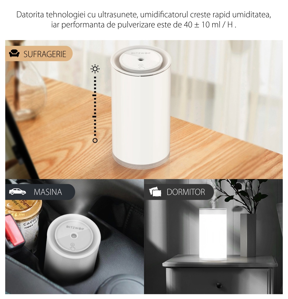 Umidificatore ad ultrasuoni con luce notturna BlitzWolf BW-FUN2, Capacità 400 mL, Luminosità regolabile