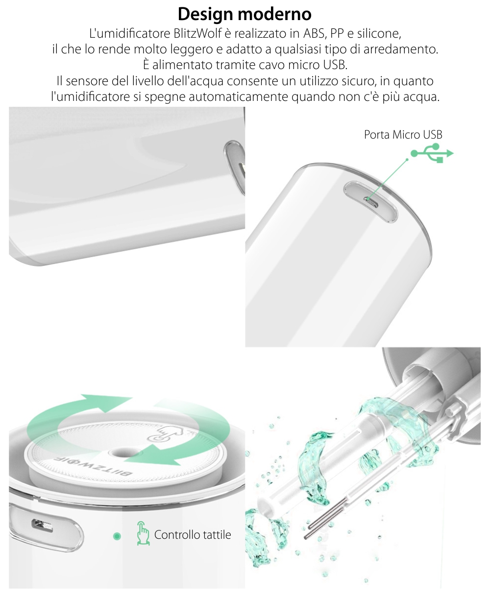 Umidificatore ad ultrasuoni con luce notturna BlitzWolf BW-FUN2, Capacità 400 mL, Luminosità regolabile