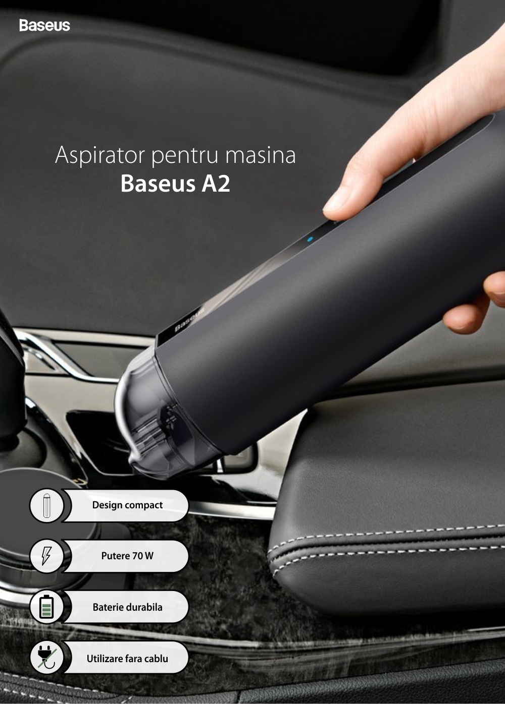 Aspirapolvere per auto Baseus Capsule Mini A2, Senza fili, Potenza 70 W, Autonomia 20 min, Ricarica Type-C