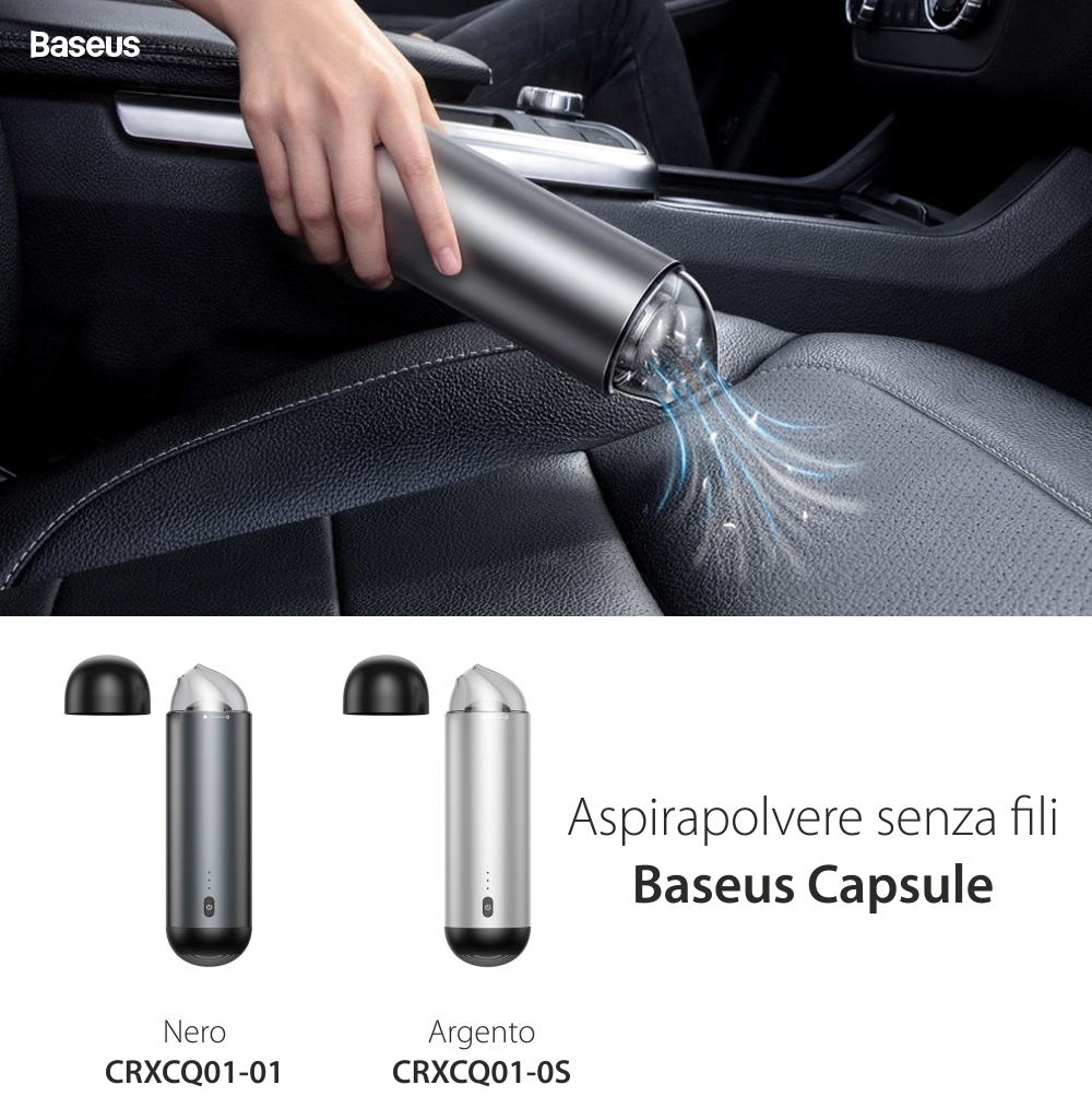 Aspirapolvere per auto Baseus Capsule, Wireless, Batteria 2000 mAh, Potenza 65 W, Ricarica Type-C
