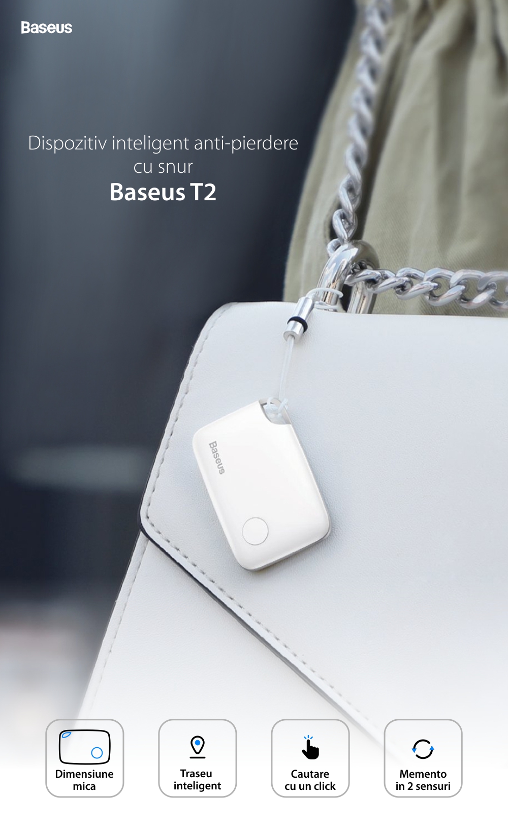 Dispositivo intelligente anti-perdita Baseus T2, Bluetooth, monitoraggio tramite app, batteria da 75 mAh, allarme da 100 dB.