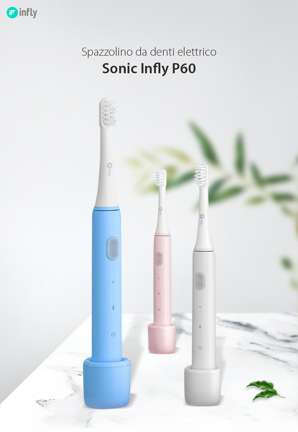 Spazzolino da denti elettrico Sonic Infly, batteria da 320 mAh, impermeabile IPX7, ricarica tramite USB.