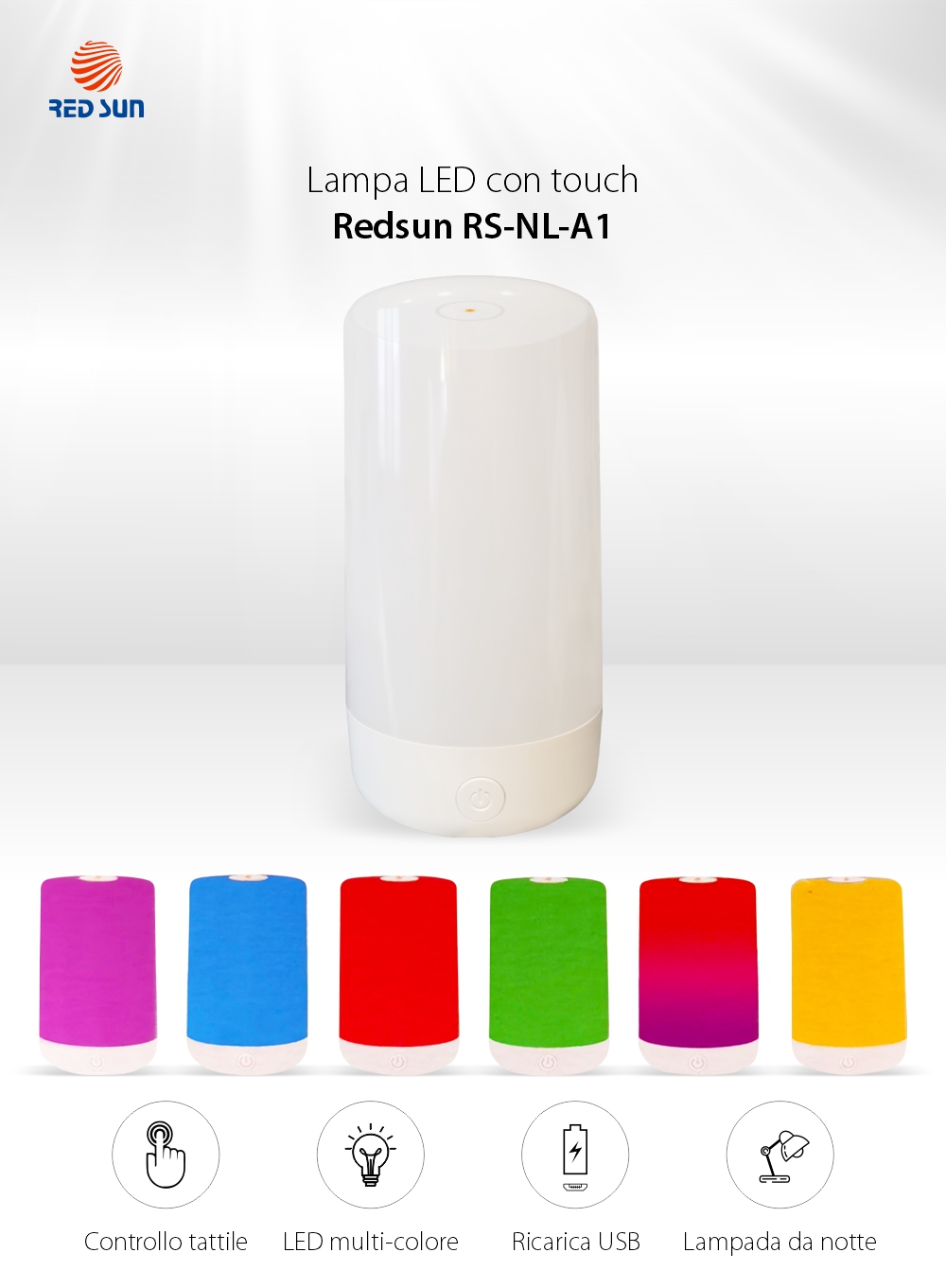 Lampada LED RedSun RS-NL-A1, Multicolore, Touchscreen, Carica USB, Controllo Intensità