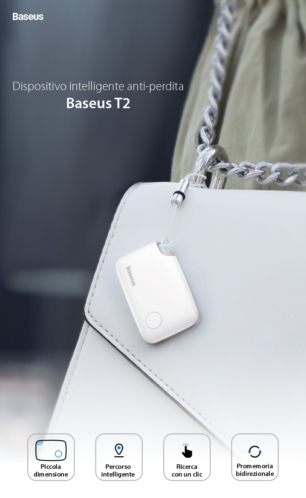 Dispositivo intelligente anti-perdita Baseus T2, Bluetooth, monitoraggio tramite app, batteria da 75 mAh, allarme da 100 dB.