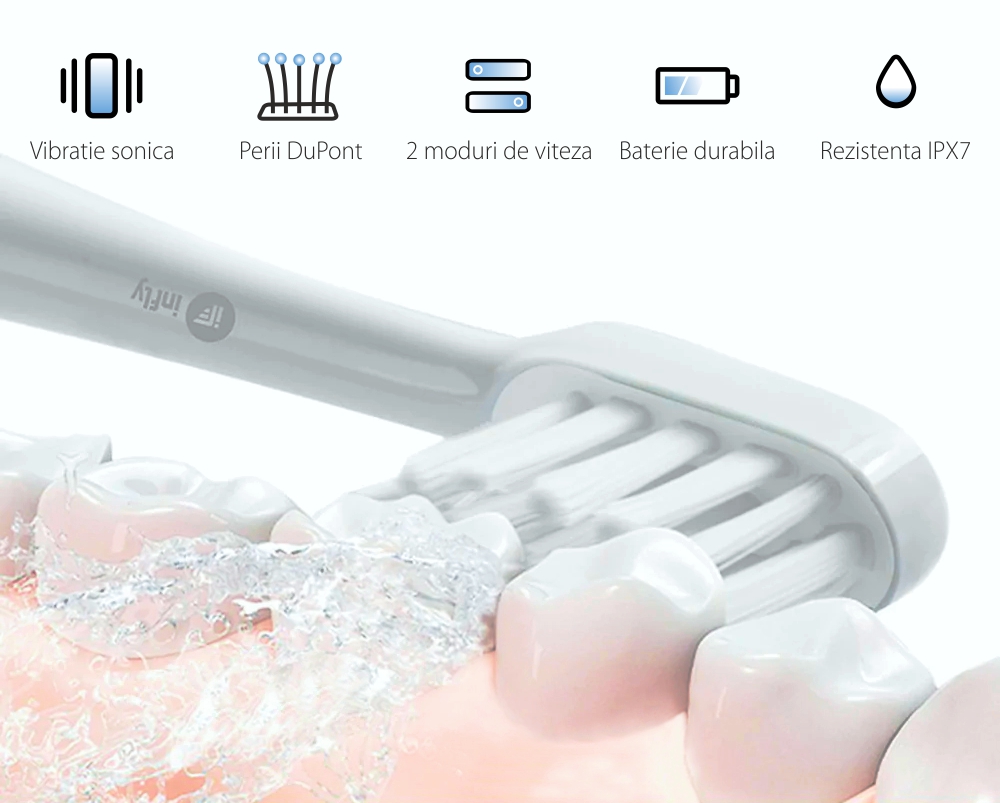Spazzolino da denti elettrico Sonic Infly, batteria da 320 mAh, impermeabile IPX7, ricarica tramite USB.