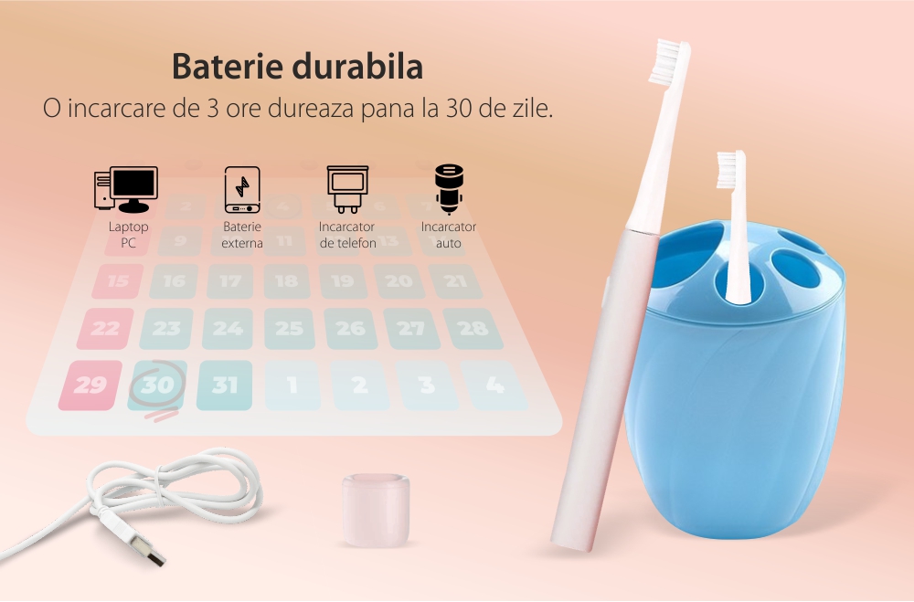 Spazzolino da denti elettrico Sonic Infly, batteria da 320 mAh, impermeabile IPX7, ricarica tramite USB.