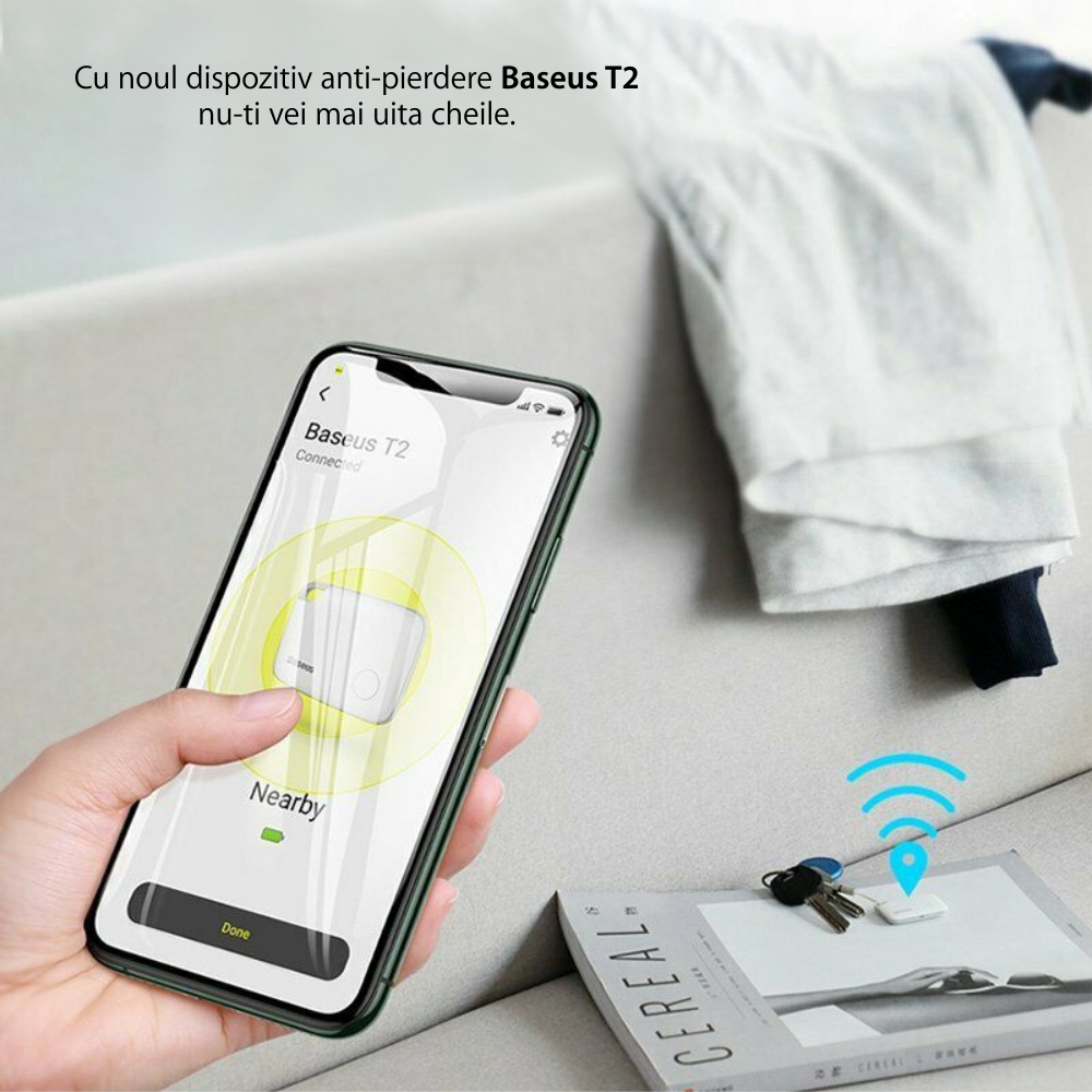 Dispositivo intelligente anti-perdita Baseus T2, Bluetooth, monitoraggio tramite app, batteria da 75 mAh, allarme da 100 dB.