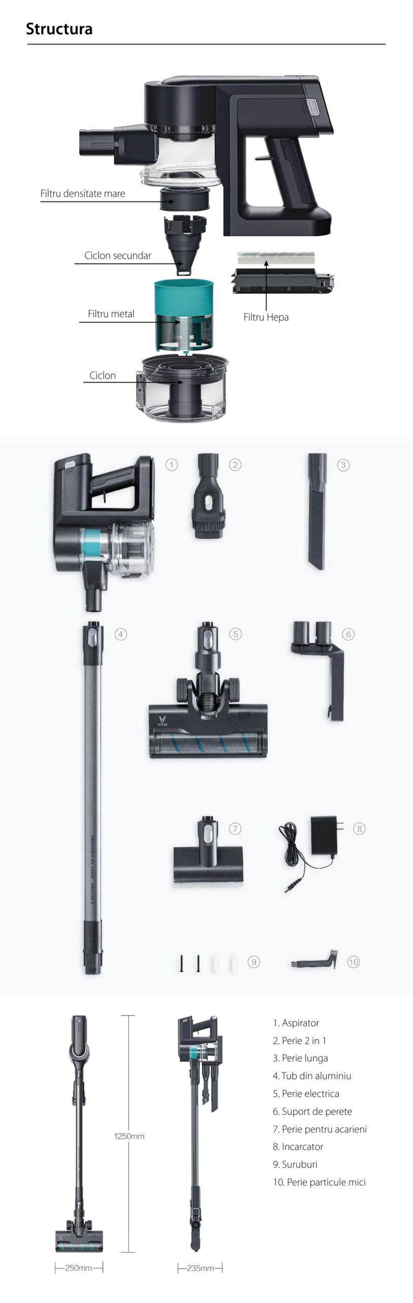 Aspirapolvere verticale Viomi A9, Nero, Wireless, Batteria 2500 mAh, Potenza 400 W, Capacità 400 mL