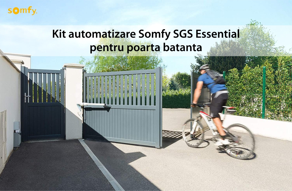 Kit di automazione cancello battente Somfy SGS Essential, include lampada di segnalazione, motore, fotocellule e telecomandi