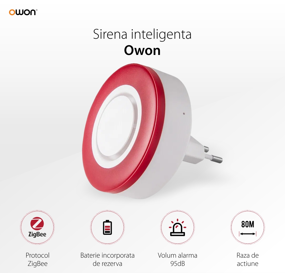 Sirena intelligente Owon, Controllo tramite applicazione, Integrazione ZigBee, 95 dB, Batteria di riserva 700 mAh
