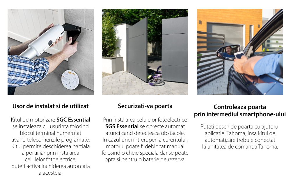 Kit di automazione cancello battente Somfy SGS Essential, include lampada di segnalazione, motore, fotocellule e telecomandi