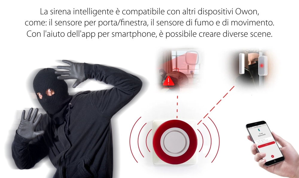 Sirena intelligente Owon, Controllo tramite applicazione, Integrazione ZigBee, 95 dB, Batteria di riserva 700 mAh
