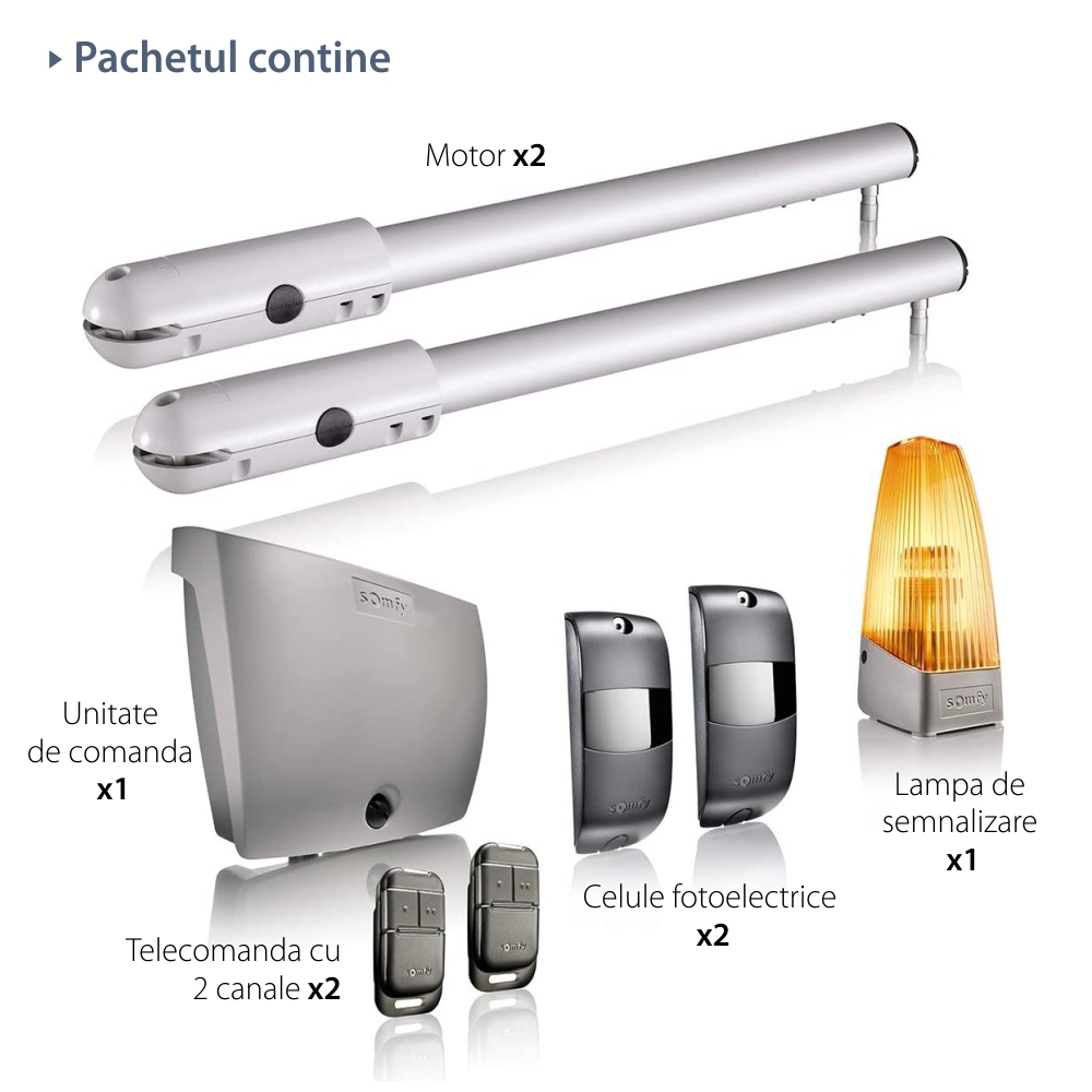 Kit di automazione cancello battente Somfy SGS Essential, include lampada di segnalazione, motore, fotocellule e telecomandi