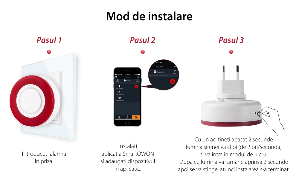Sirena intelligente Owon, Controllo tramite applicazione, Integrazione ZigBee, 95 dB, Batteria di riserva 700 mAh