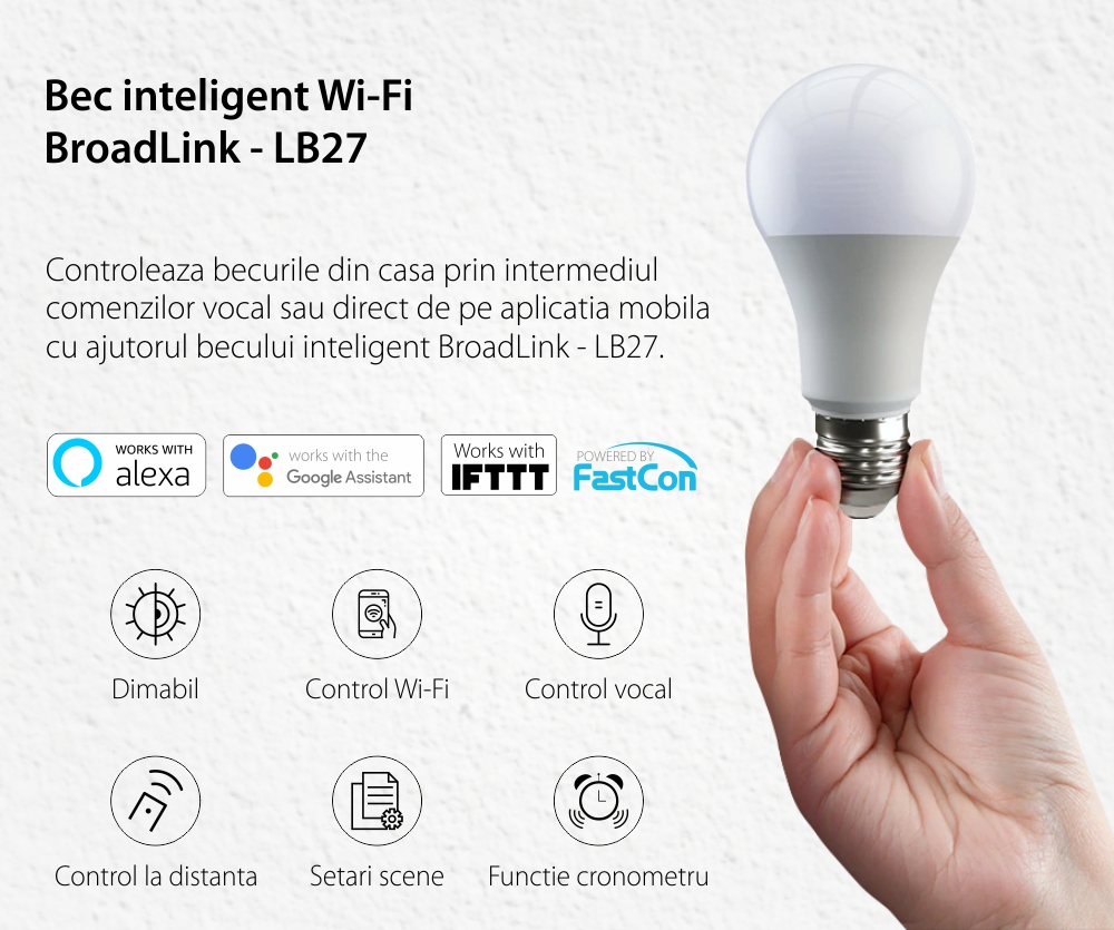Lampadina intelligente Wi-Fi, BroadLink LB27, A60, 800 LM, Dimmer, Potenza 10W, Controllo tramite app