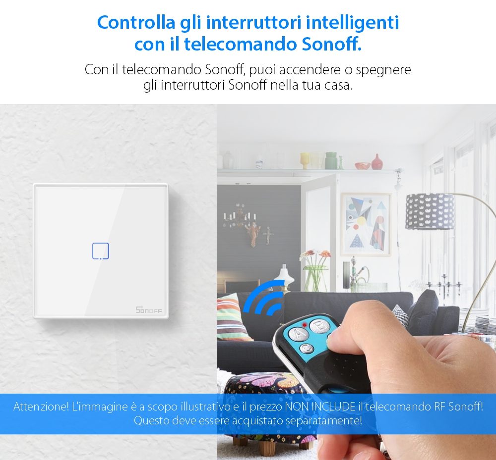 Telecomando Sonoff T2EU1C-RF con 1 canale, 433 MHz, Segnale RF, Bianco