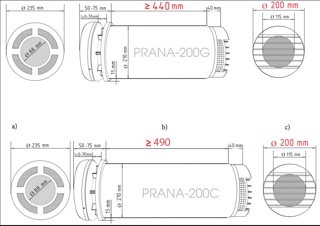 Sistema di ventilazione con recupero di calore PRANA 200C ERP con funzione di preriscaldamento