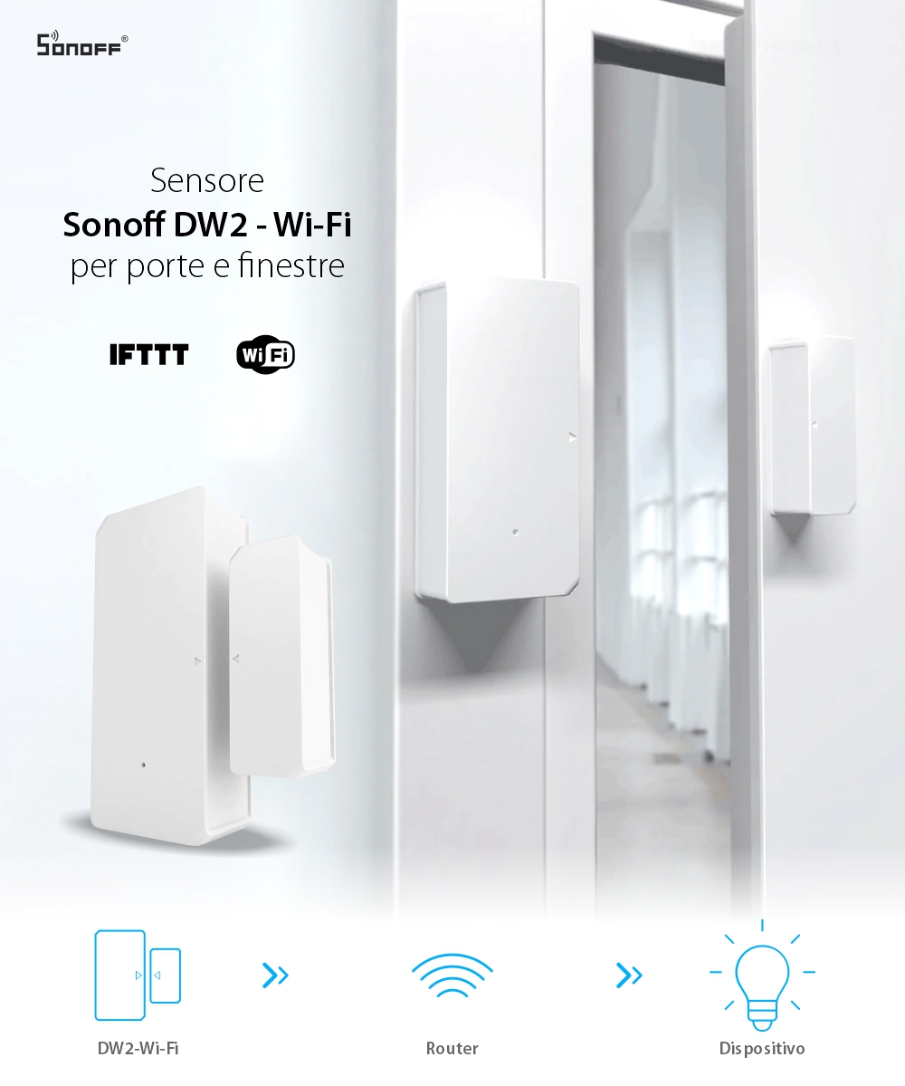 Sensore per porte e finestre Sonoff DW2, Wi-Fi, Notifiche e controllo tramite app