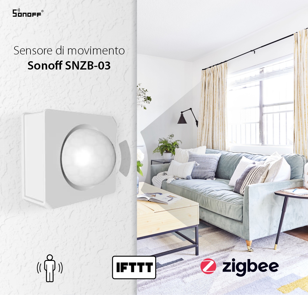 Sensore di movimento Sonoff SNZB-03, Wireless, Protocollo ZigBee, Distanza di rilevamento fino a 6 metri