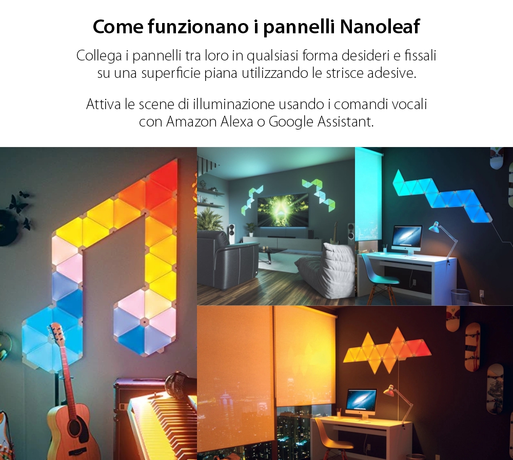 Kit 15 Pannelli Luminosi Nanoleaf Shapes Triangles, Illuminazione LED RGBW, Sensore Musica, Cavo da 2,5 m, Compatibile con Assistenti Vocali.