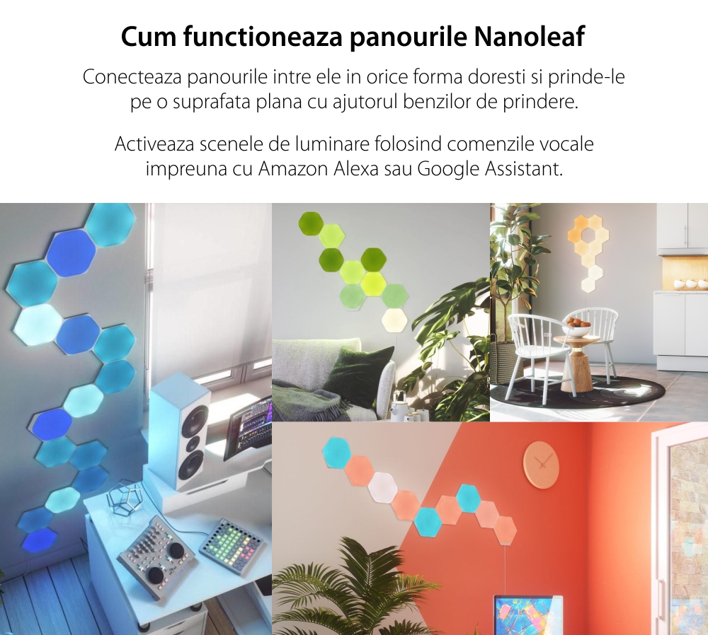 Kit 9 pannelli luminosi Nanoleaf Shapes Hexagons, 16 milioni di colori, tecnologia LED RGBW, cavo da 2,5 m