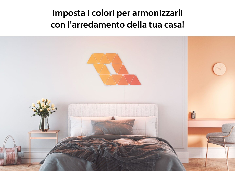 Kit 15 Pannelli Luminosi Nanoleaf Shapes Triangles, Illuminazione LED RGBW, Sensore Musica, Cavo da 2,5 m, Compatibile con Assistenti Vocali.