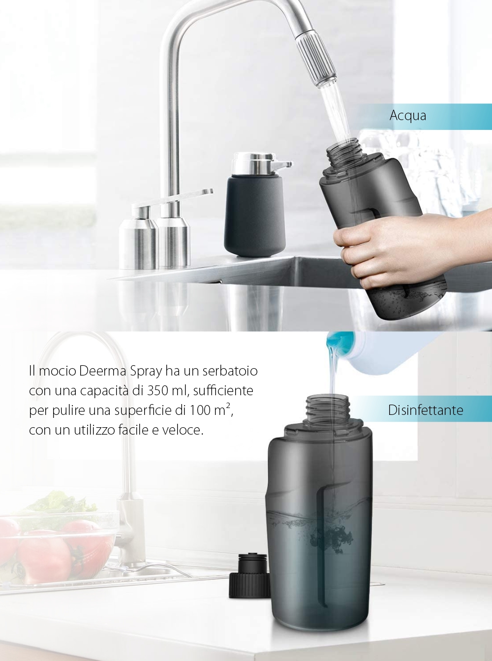 Mocio con spruzzatore Deerma TB500, Bianco, Panno in microfibra, Rotazione 360°, Capacità 0,35 L