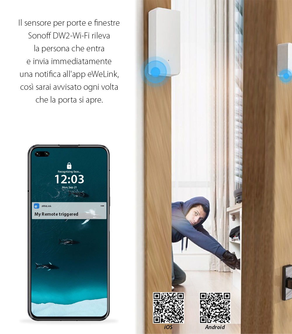 Sensore per porte e finestre Sonoff DW2, Wi-Fi, Notifiche e controllo tramite app