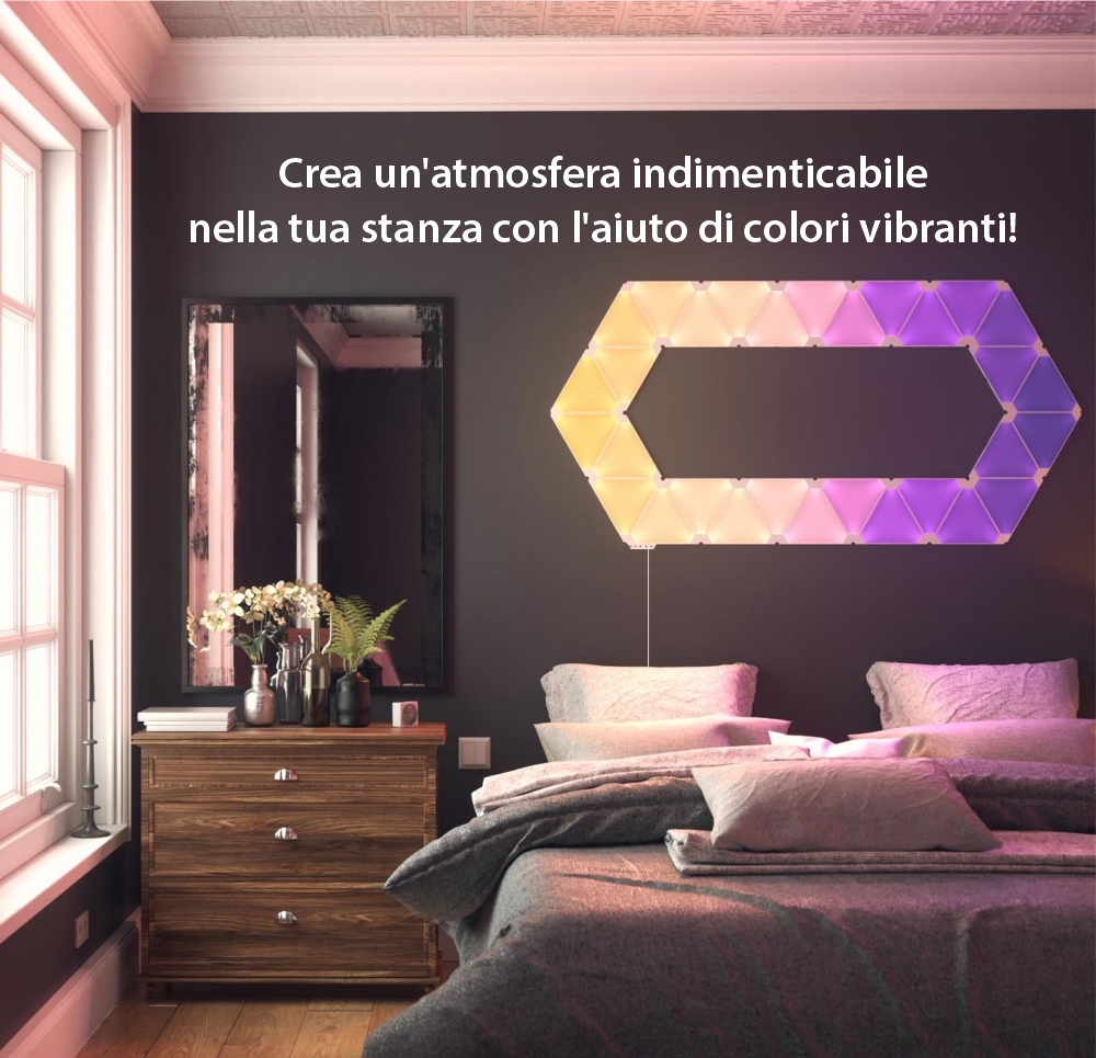 Kit 15 Pannelli Luminosi Nanoleaf Shapes Triangles, Illuminazione LED RGBW, Sensore Musica, Cavo da 2,5 m, Compatibile con Assistenti Vocali.